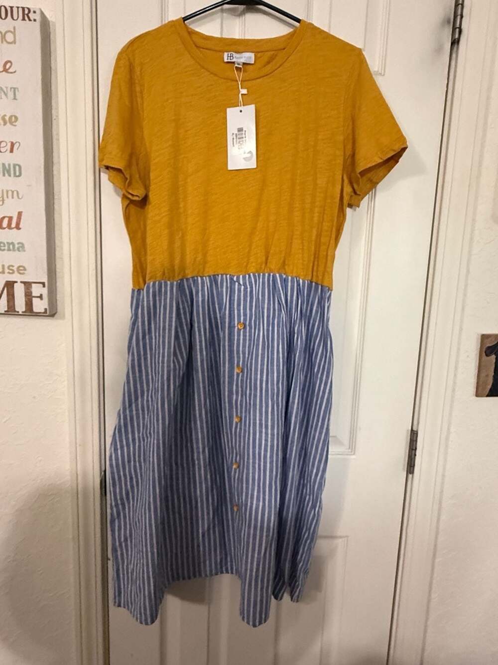 Hazel Blues Mustard Yellow and Blue Striped Button-Front Cotton Midi Dress